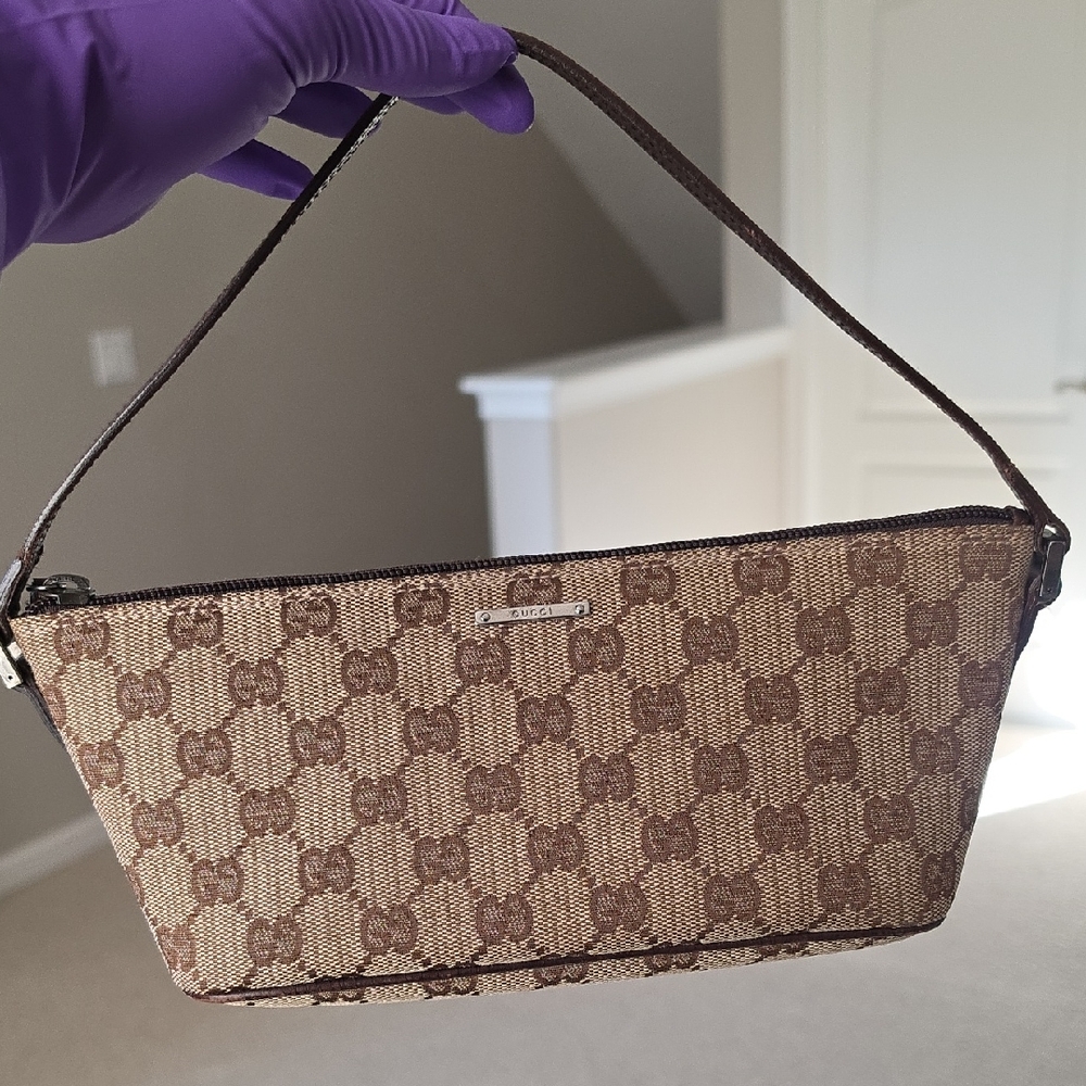 AUTHENTIC Gucci Tan and Brown Monogram Pouch With Strap